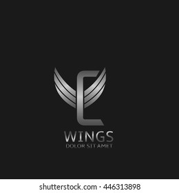 C letter logo. Silver wings symbol. Silver C letter logo template for air company