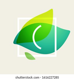 C letter logo in square frame at green leaves watercolor background. Vector ecology typeface for botanical labels, floral headlines, recycle posters, organic cards etc.