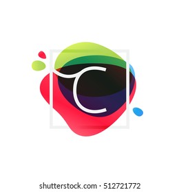 C letter logo in square frame at multicolor splash background. Vector watercolor elements for posters, t-shirts and cards.