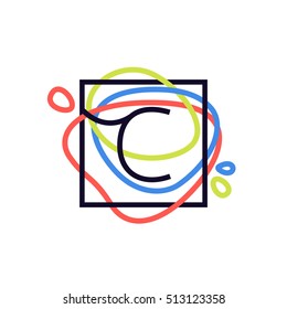 C letter logo in square frame at colorful line background. Font style, vector design template elements for your posters, invitations, cards. 