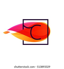 C letter logo in square frame at fire flame background. Vector typography for your posters, invitations, cards. 