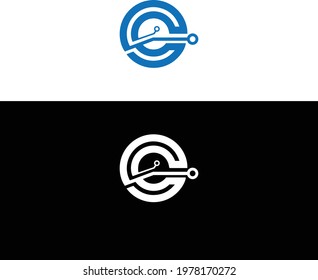 C letter logo tech design, minimalist line creative sign icon.
