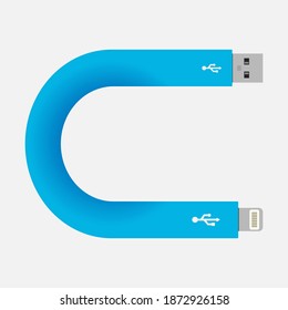 Logo de la letra C con cable USB aislado en ilustración vectorial sobre fondo negro. C letra simple o icono, Icon for Technology business o compañía.