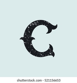 C letter logo. Vintage decorative slab serif with rough grunge texture. Vector font for western, sport or historical labels, posters etc.