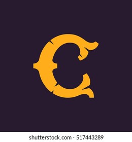 C letter logo. Vintage serif type with rough edges. Vector decorative font for horror or historical labels, posters etc.