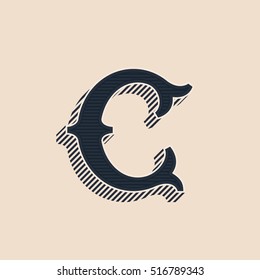 C letter logo in vintage western style with lines shadow. Vector font for labels, posters etc. 