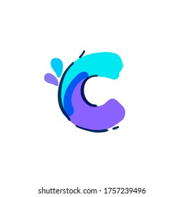 C letter logo with water drops and waves. Handwritten with a felt-tip pen. Vector bold marker font can be used for washing labels, healthcare headlines, pure posters, ecology cards etc.