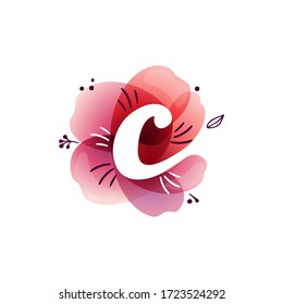 C letter logo at watercolor overlapping flower. Negative space icon with ink herbs and leaves pattern. Perfect font for botanical labels, birthday print, wedding posters etc.