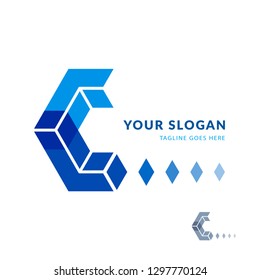 C letter logotype design. Creative icons template, modern geometric symbol blue colors