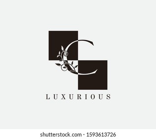 C Letter Luxury Vintage Logo. Minimalist C With Classic Leaves and Square Shape 
