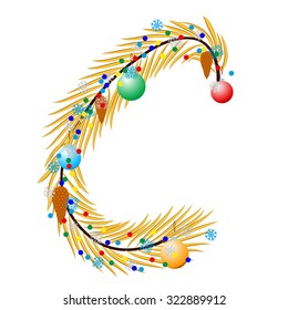 C- Letter. Made of a Christmas tree with festive decorations. Isolated on white