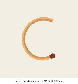 C letter made with match. Vector wooden matchstick isolated font