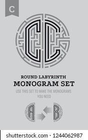 C letter maze. Set for the labyrinth logo and monograms, coat of arms, heraldry.
