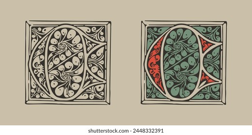 C letter medieval Gothic initial illuminated by foliage ornament. Engraved German drop cap. Dark age hand painted emblem. Classic Latin alphabet font based on XV century embellishment manuscript.