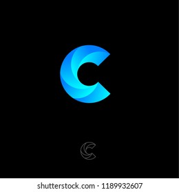 C letter monogram. C helix logo. Web, UI icon. Blue vortex logo on a black background. Contour option.