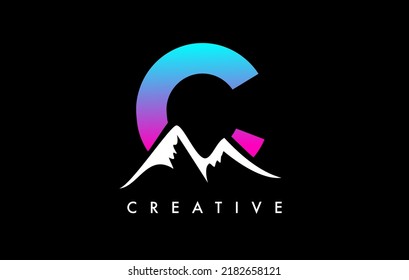 C Letter Mountain Icon Logo Design. Letter C with Mountain Peaks and Colorful Vibrant Shape Vector Illustration.