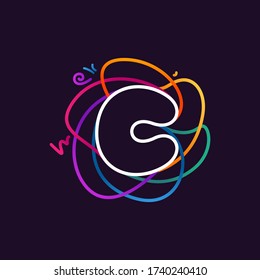 C letter neon line colorful logo. Great vivid icon for digital labels, science print, nightlife advertising, etc.