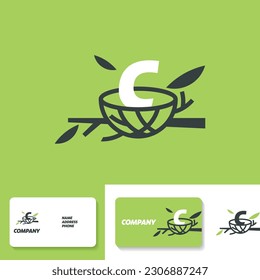 C letter with nest logo design template element. Business card with green business icons
