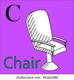 C letter. Object capital alphabet. Colorful font. Uppercase. Vector illustration. Worksheet, Exercises for kids, Coloring book. Illustration of alphabet letters with beautiful clip arts chair