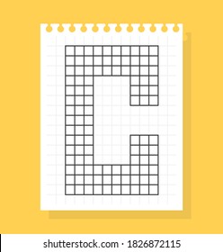 C letter on notepad sheet of squared paper, made of squares. Vector illustration