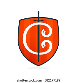 C letter on the sword and shield. Font style, vector design template elements for your application or corporate identity.