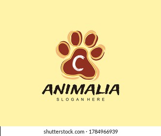 C Letter in Paw Shape Design. Pet logo design. Dog, Cat, animal clinic, pet care center. Paw vector logo Icon Template.
