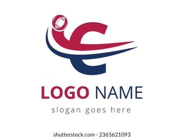 C Carta con el concepto de logo deportivo de Rugby, logo de fútbol combinado con el icono de bola de rugby para el símbolo del club de fútbol americano