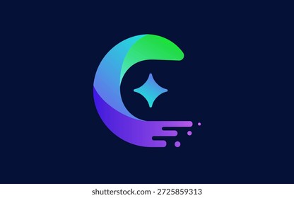 Letra C en forma de estrella y fusión creciente con un estilo futurista y tecnológico. La geometría moderna de forma redondeada crea un símbolo de innovación, visión e impulso hacia adelante.
