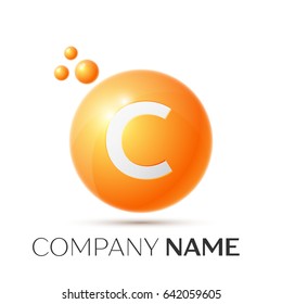 C Letter splash logo. Orange dots and circle bubble letter design on grey background. Vector Illustration