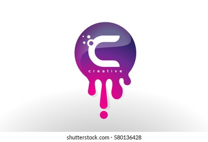 C Letter Splash Logo. Purple Dots and Bubbles Letter Design Vector Illustration.