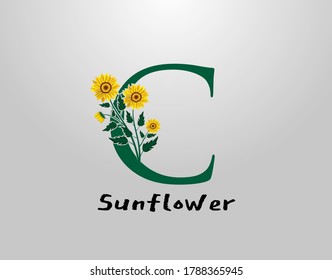C Carta con diseño vectorial de girasol. Icono del logotipo de la Planta de Flores C. Diseño tipográfico