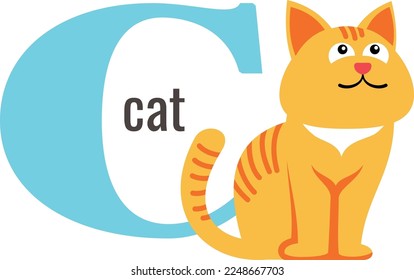 C letter symbol. Cartoon english cat card