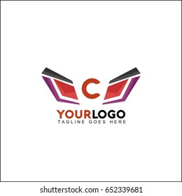 C letter symbol identity, abstract wing reflect logo, double infinity loop logo design template. Beauty eye violet and red concept.