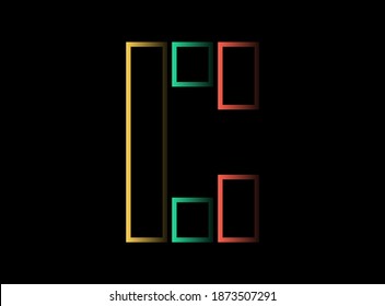 Diseño vectorial de letras C, logotipo de tipos de letra. Color rojo, verde, amarillo sobre fondo negro. Para medios sociales, elementos de diseño, afiches creativos, plantillas web y más
