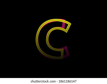 C letter vector design, shadow font logo. Dynamic split pink, yellow color on black background. For social media,design elements, creative poster, web template    


