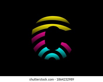 C letter vector desing, Cmyk color font logo. Dynamic split pink, blue, yellow color on black background. For social media,design elements, creative poster, web template    


