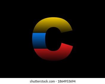 Diseño vectorial de letras C, logotipo de tipos de letra. Color rojo, azul y amarillo dinámico dividido sobre fondo negro. Para medios sociales, elementos de diseño, afiche creativo, plantilla web    


