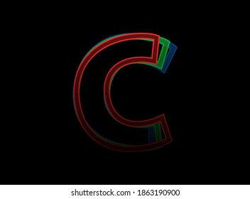 C letter vector desing, Rgb color font logo. Dynamic split red, green, blue color, outline stroke layer style on black background. For social media,design elements, creative poster, web template    