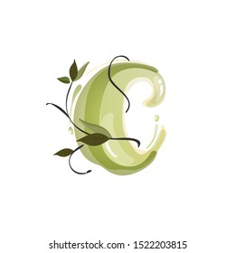 C letter watercolor hand drawn green natural logo.  Watercolor splashes style. Vector typeface for eco, vegan, bio, raw, organic template.