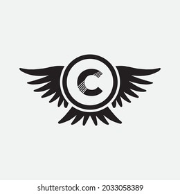 C Letter Wings Logo Design Icon. Flying Wing Letter Logo with Creative Black Wing Concept.