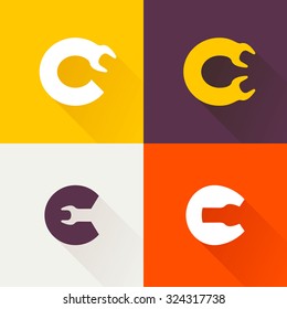 C letter with wrench logo set. Vector repair design template elements for your application or corporate identity.