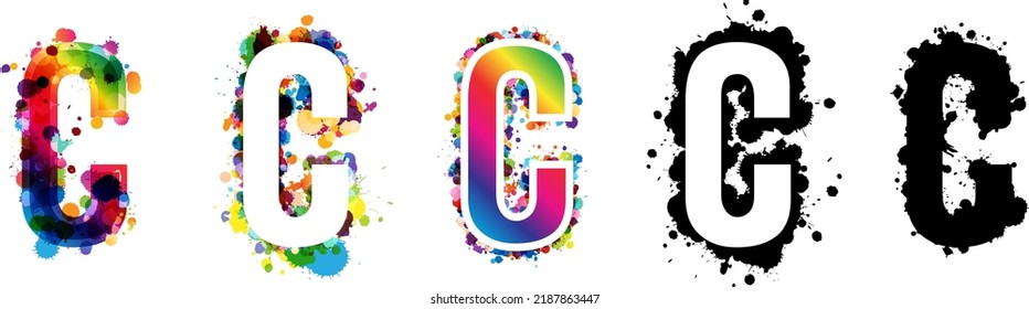 C letters with rainbow and black paint splash decorative elements. Colorful C letter emblems collection. Vector illustration in artistic style.