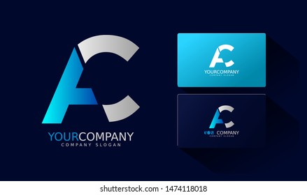 A C Logo and business card. AC Letter modern Design Vector with blue and silver gradient color.