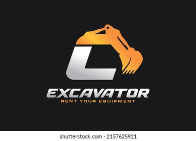 C logo excavator for construction company. Heavy equipment template vector illustration for your brand.