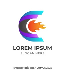 C logo with fire design illustration, 3d colorful style
