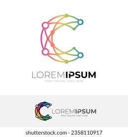 C logo with line technology design vector, Connect Line Letter C Logo Design Template Element