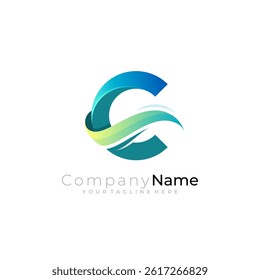 C logo and water wave design combination, blue color, sea logos