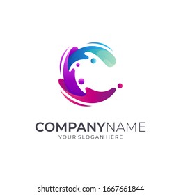 C logo with wave. Modern initial letter C 3d gradient colors. Water splash vector illustration