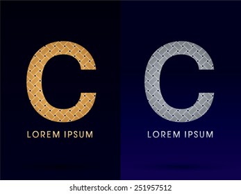 C Luxury font, designed using gold and silver line geometric shape on dark background, idea from wicker,basket ,woven, ribbons, jewelry, diamond ,rope, logo, symbol, icon, graphic, vector.