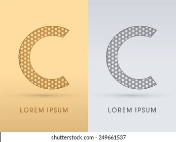 C ,Luxury  outline font ,designed using geometric on gold background, concept shape from screws, hexagon, honeycomb, jewelry, gems , logo, symbol, icon, graphic, vector.